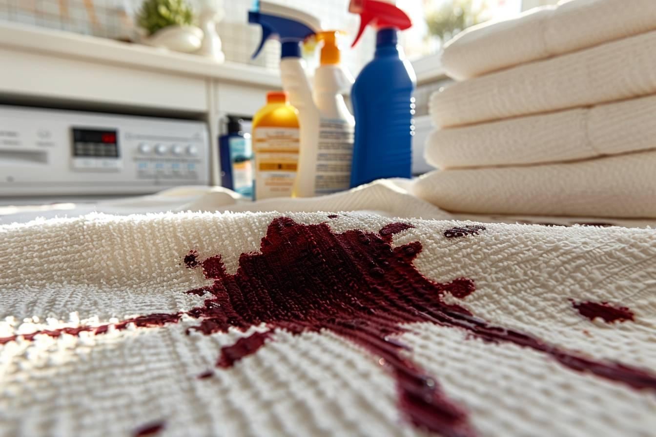 Gros plan sur une tache de sang séchée sur un tissu clair avec un bol d’eau froide et un chiffon de nettoyage
