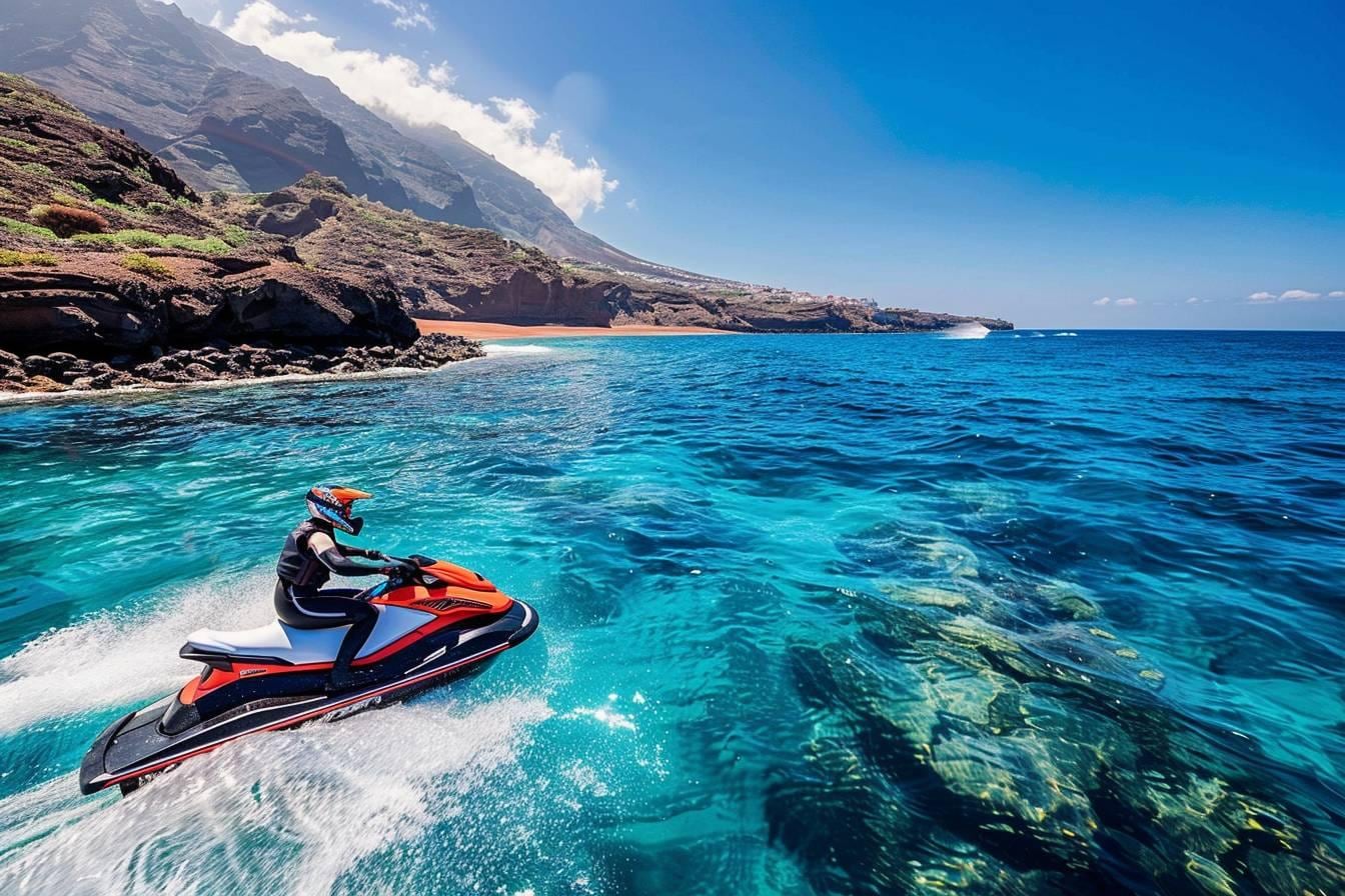 Deux personnes en jet ski naviguant au large de la côte volcanique de Tenerife sous un ciel dégagé