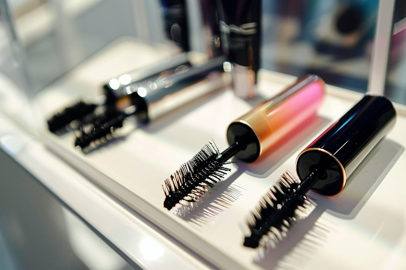 Brosses de mascara allongeant fine et volumateur épaisse posées près de cils maquillés