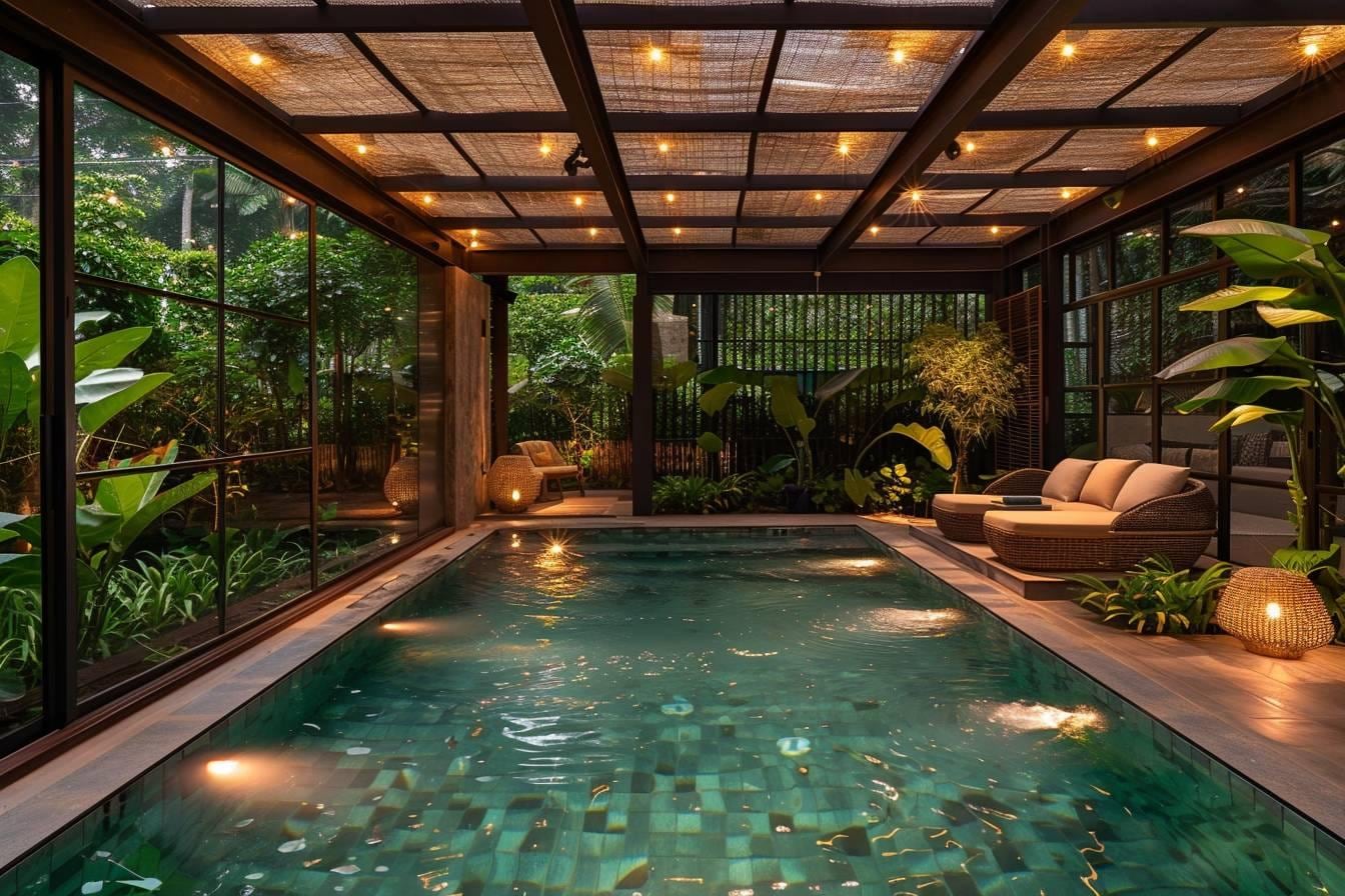 Abri de piscine haut éclairé doucement à la tombée du jour, avec bassin et margelles visibles