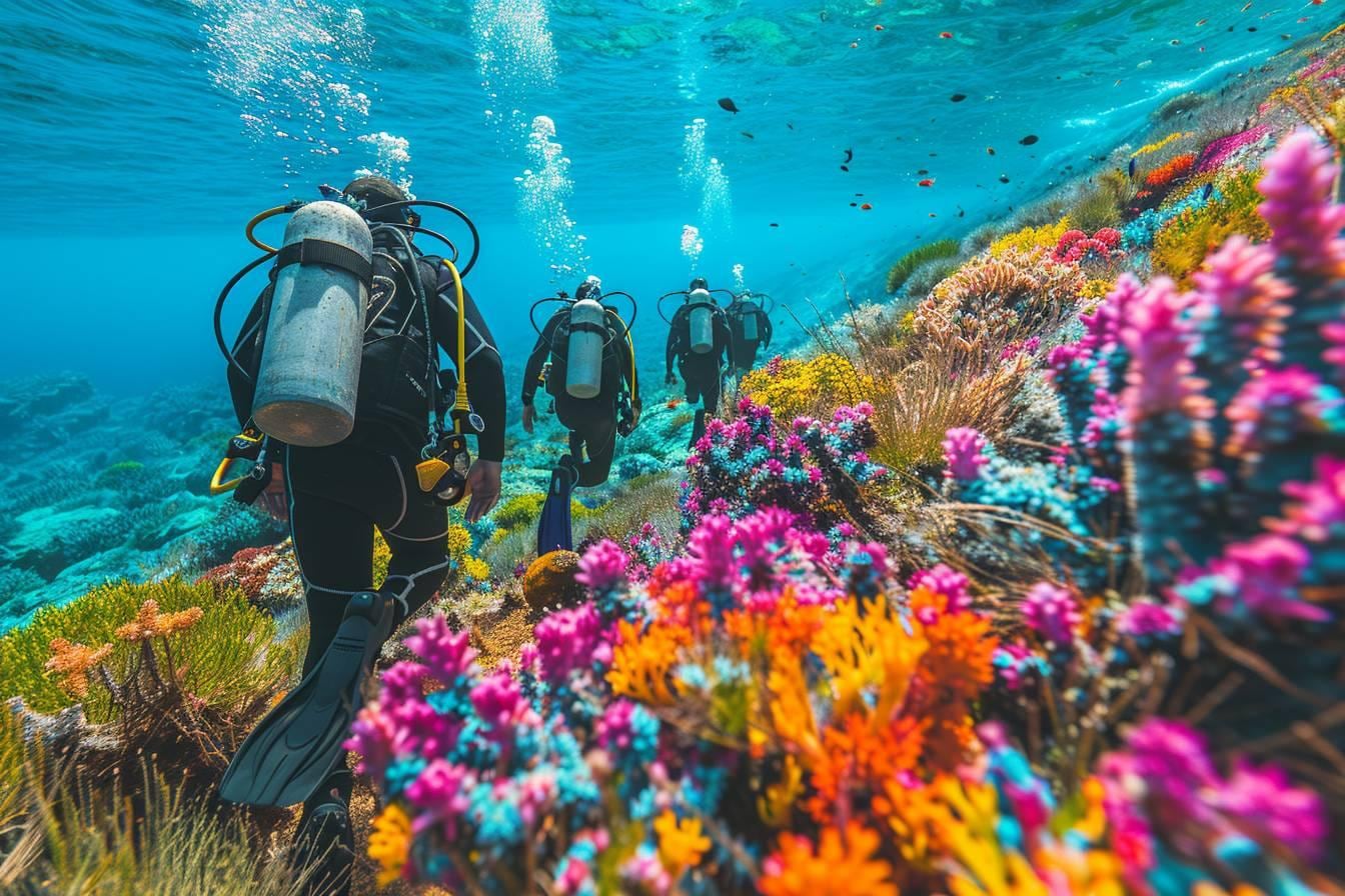 Plongeurs équipés avec leur guide devant un paysage volcanique sous-marin à Tenerife