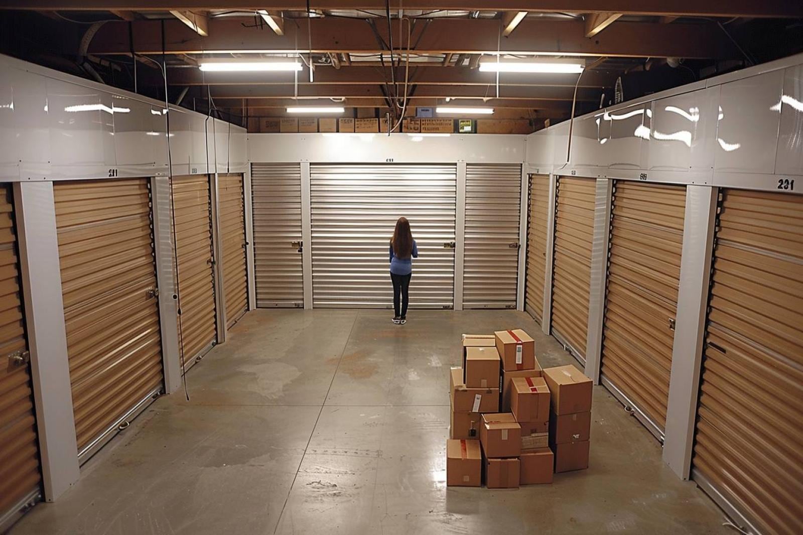 Box de garde-meuble rangé avec cartons étiquetés, meubles protégés et allée de circulation