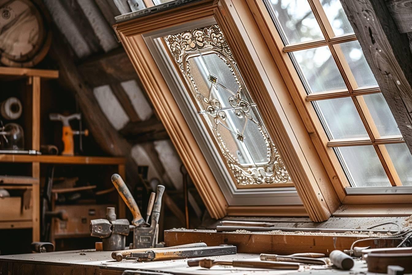 Fenêtre de toit ancienne en bois avec petits vitrages, ouverte dans des combles rénovés