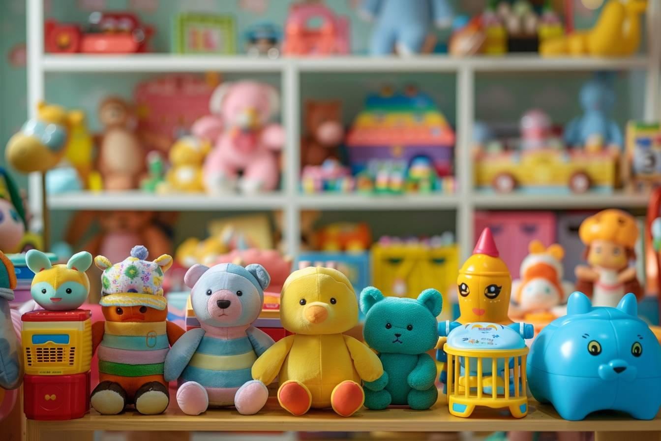 Enfant et adulte assemblant des jouets de construction colorés sur une table, avec des jeux créatifs et des emballages sobres