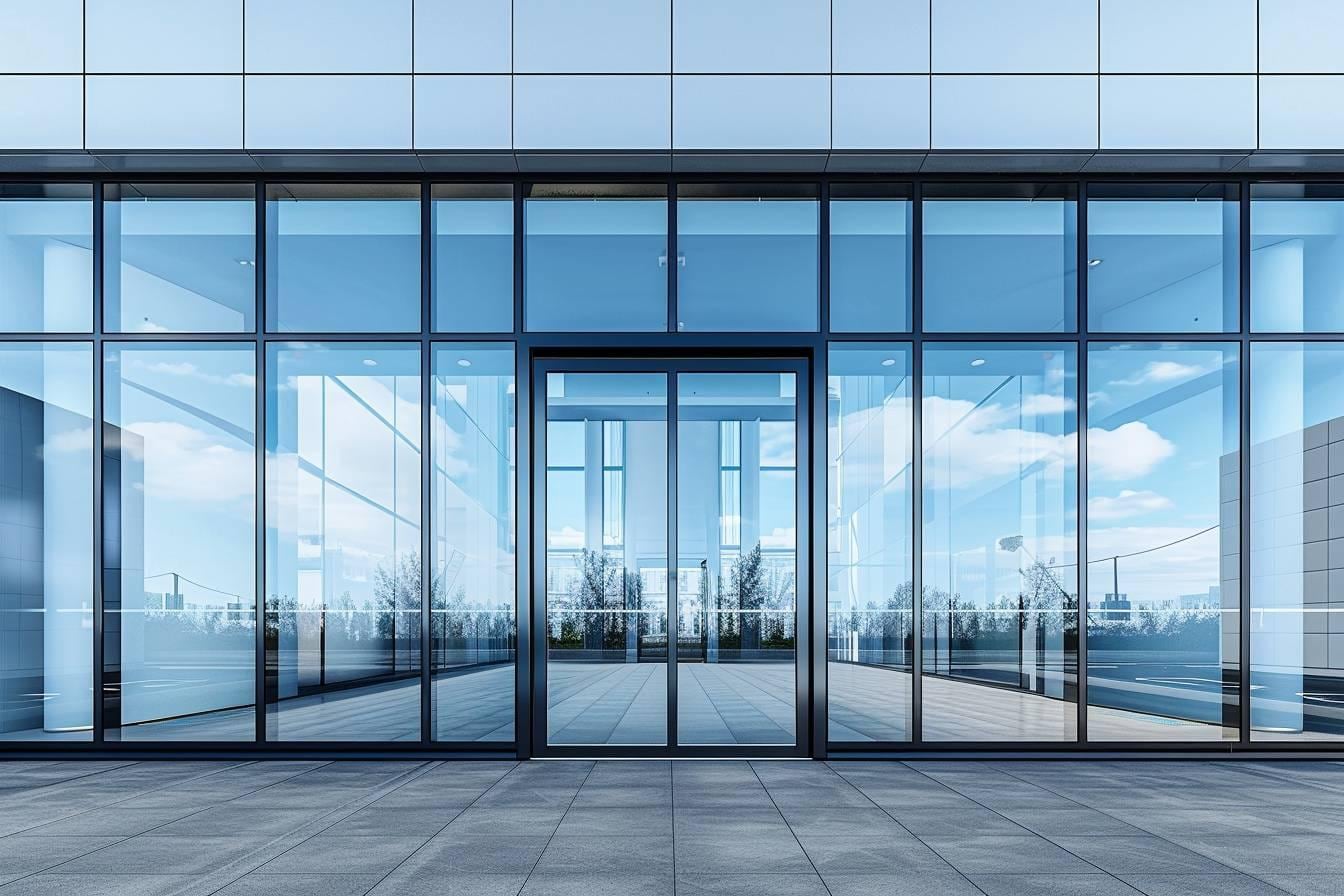 Grande baie vitrée coulissante en aluminium sur la façade lumineuse d’un espace commercial contemporain