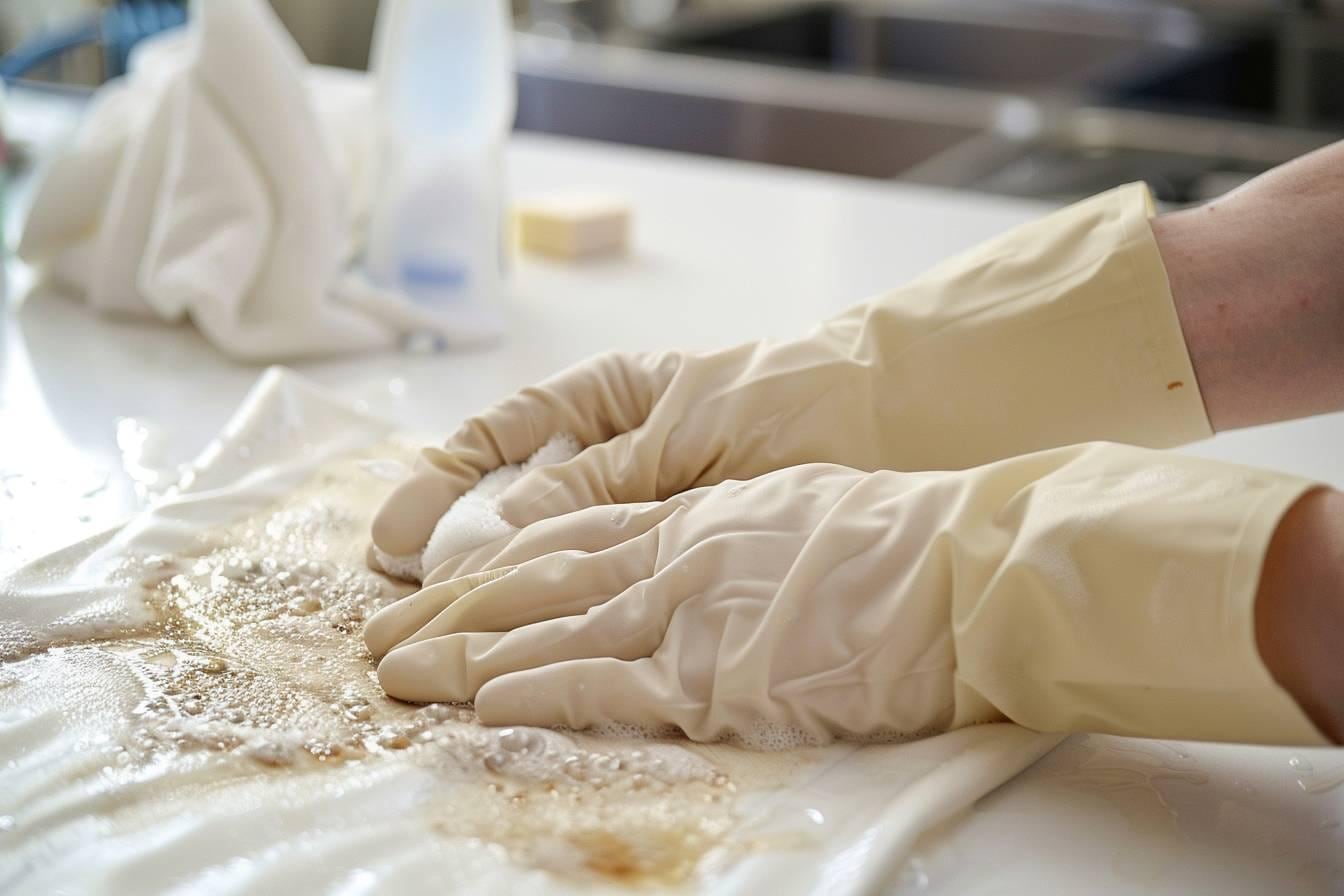 Vêtements tachés, savon de Marseille, brosse douce et linge absorbant préparés pour nettoyer des taches tenaces