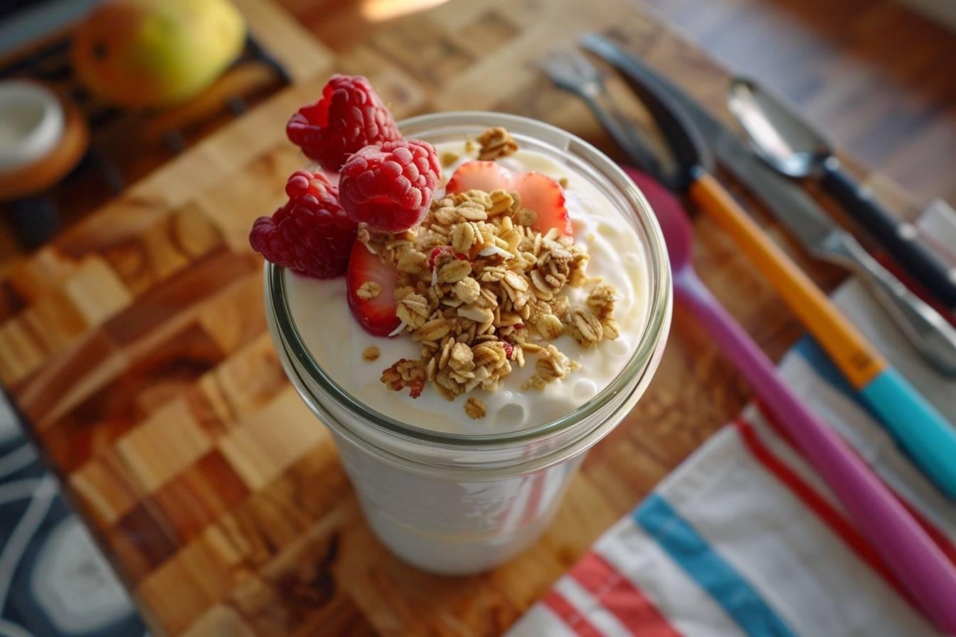 Pots de yaourts maison nature en verre posés sur un plan de travail avec un pichet de lait