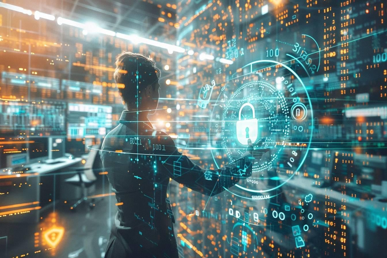 Professionnelle consultant un tableau de bord de cybersécurité sur ordinateur portable, avec cadenas numérique symbolisant la protection des données