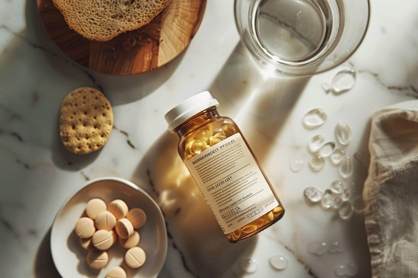 Flacon de complément de magnésium, gélules et aliments naturellement riches en magnésium sur une table
