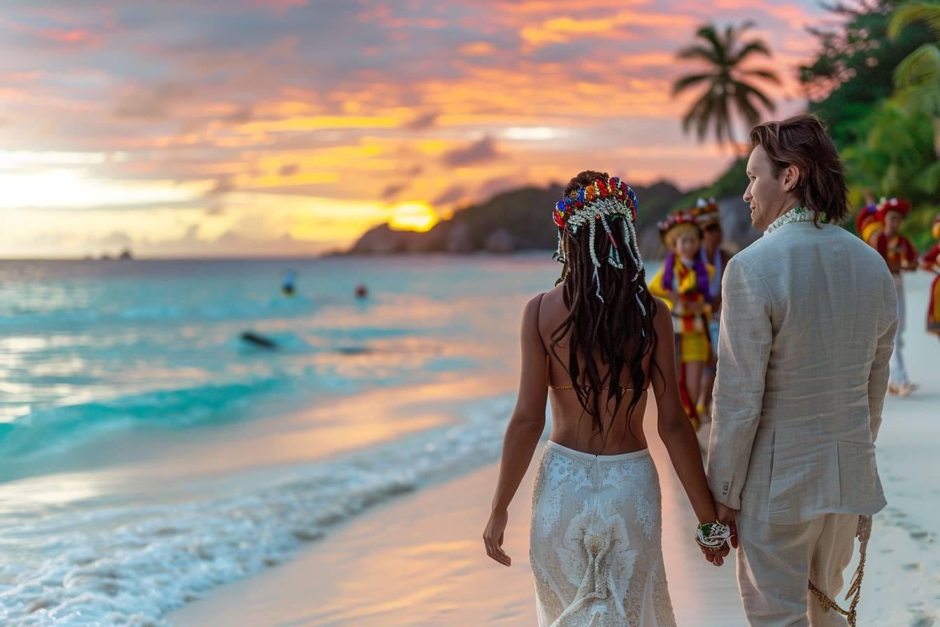 Couple en lune de miel admirant un spectacle de musique créole en plein air aux Seychelles au coucher du soleil