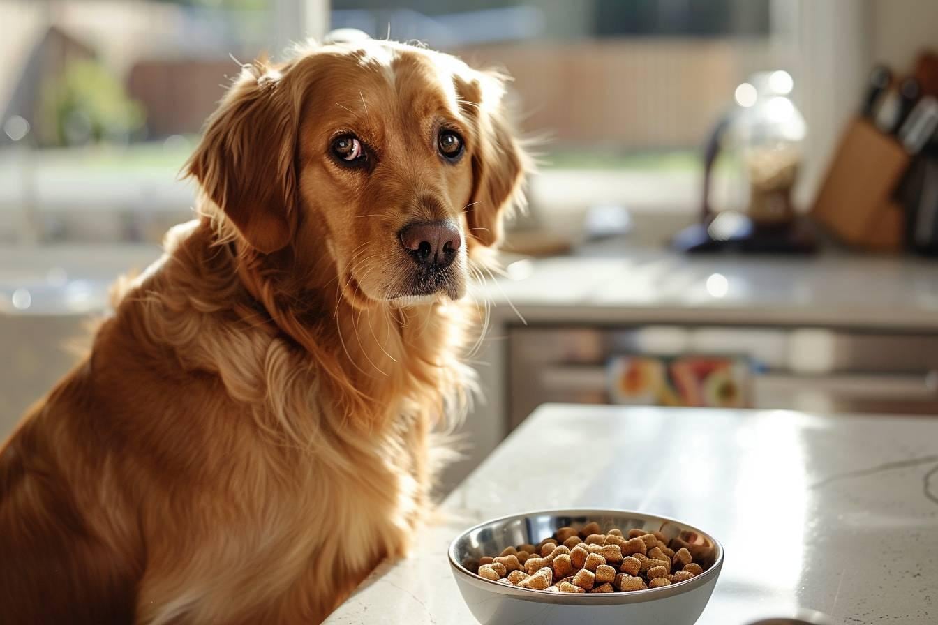 Chien adulte attentif devant une gamelle de croquettes, avec son propriétaire préparant sa ration