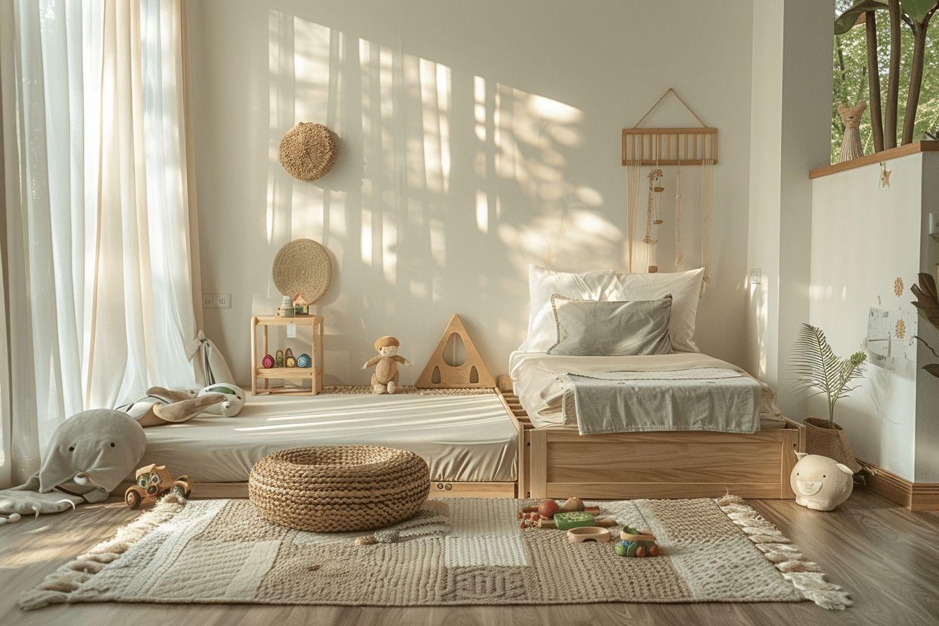 Chambre d’enfant lumineuse avec lit Montessori bas en bois, matelas et quelques livres rangés à hauteur d’enfant