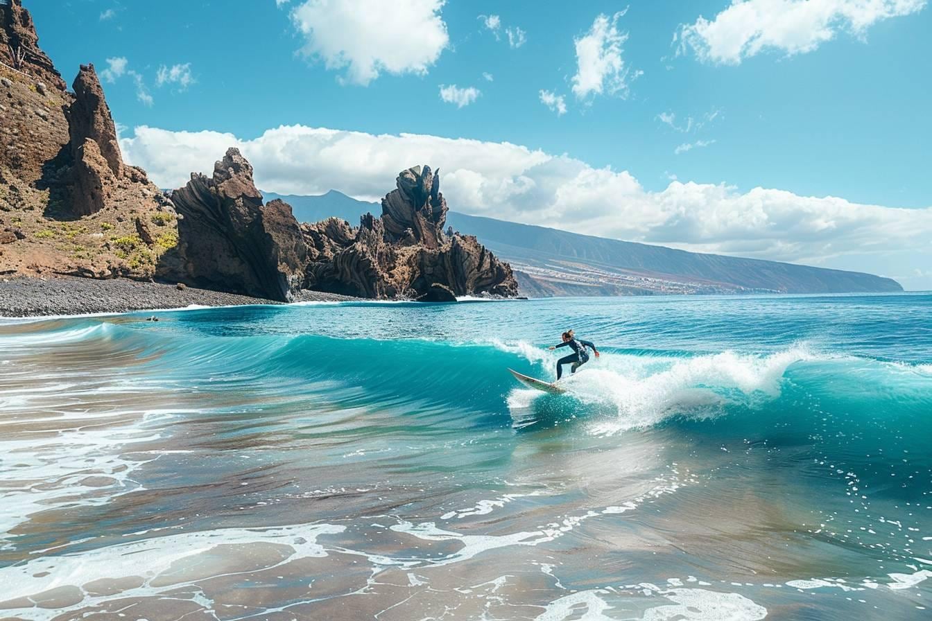 Surfeur équipé d’une combinaison et d’un leash observant les vagues sur une côte volcanique de Tenerife