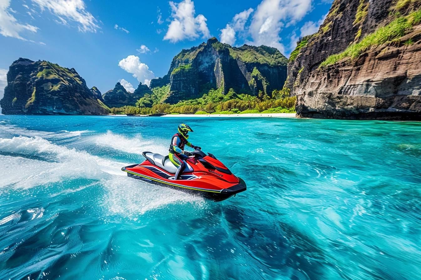 Jet ski naviguant devant les falaises volcaniques de la côte de Tenerife sous un ciel dégagé