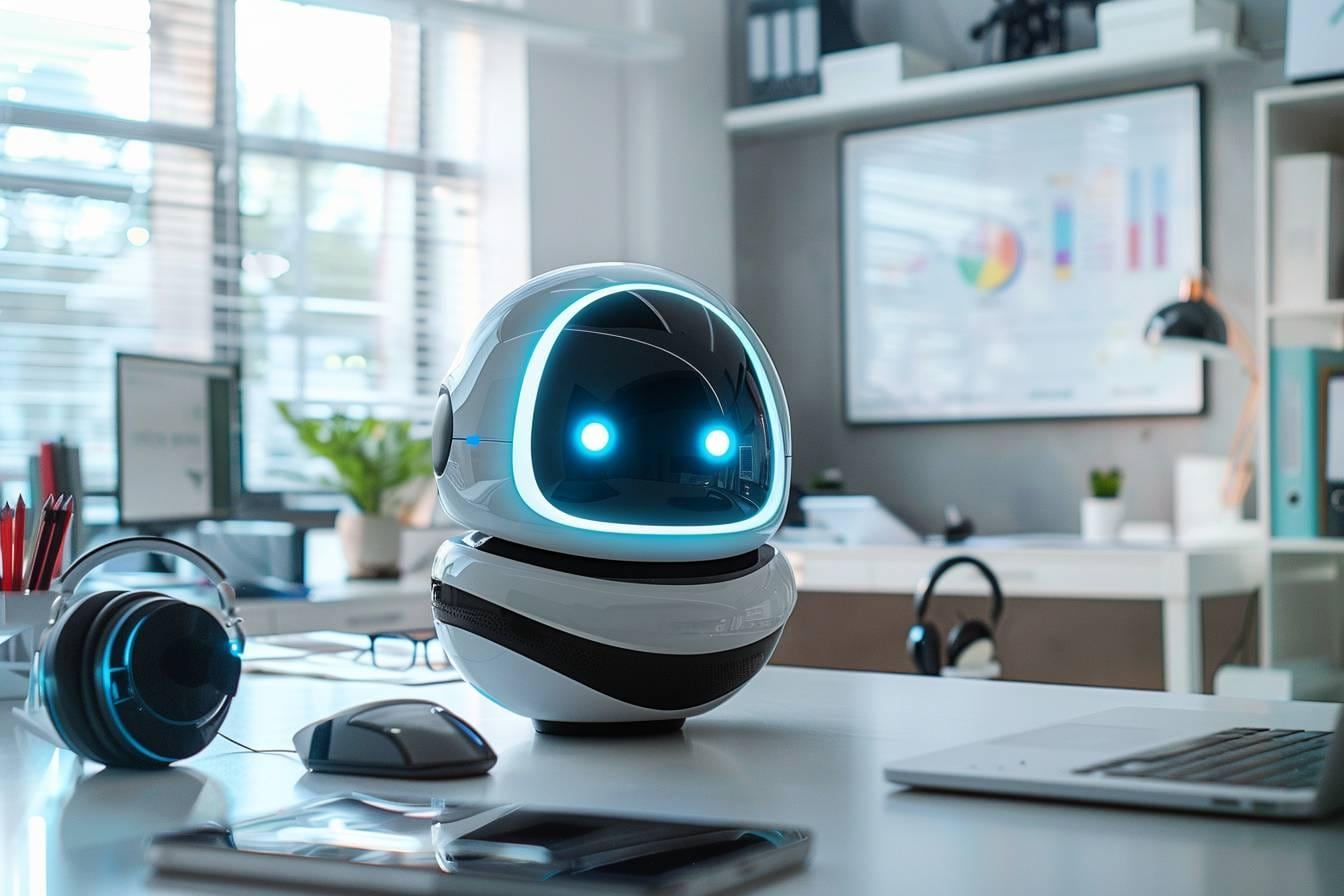 Équipe en entreprise échangeant avec un assistant conversationnel IA sur un ordinateur portable