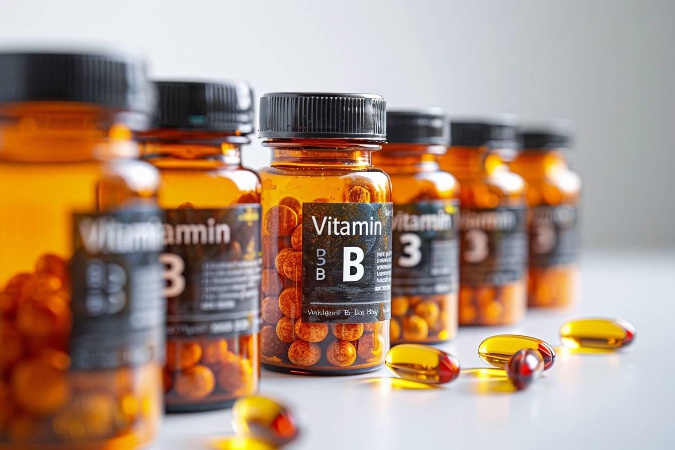 Flacons et gélules de vitamine B3 posés près d’aliments sources de niacine, dont des arachides et des céréales complètes