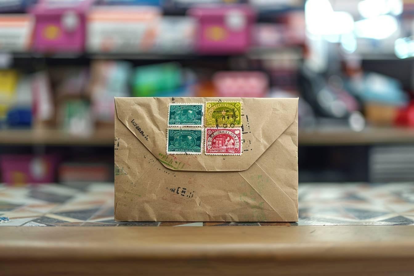 Enveloppe cartonnée rigide affranchie, prête à être envoyée à l’international avec documents et étiquette de suivi