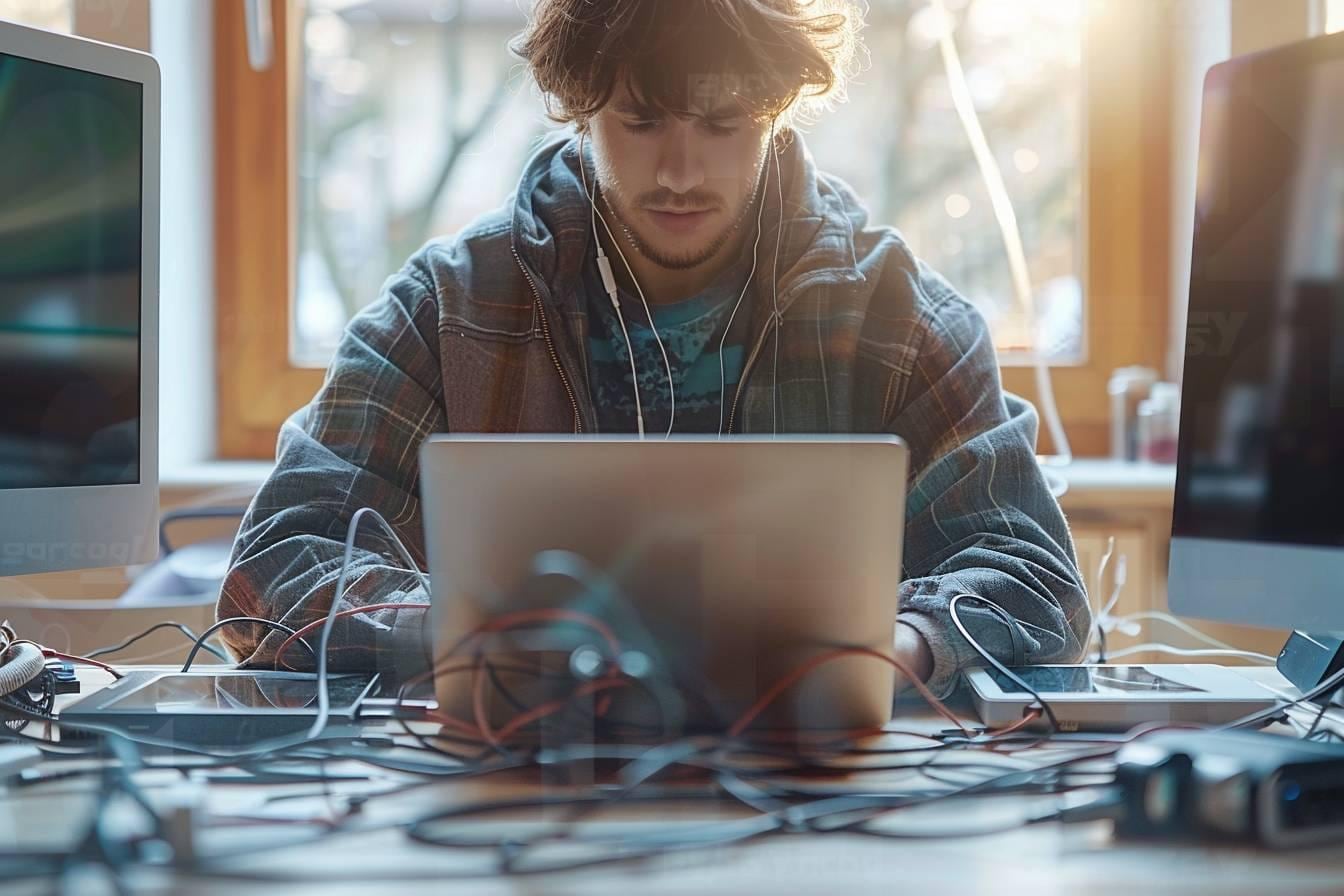 Bureau avec ordinateur portable, écran externe, multiprise à interrupteur et prise électrique pour illustrer les économies d’énergie
