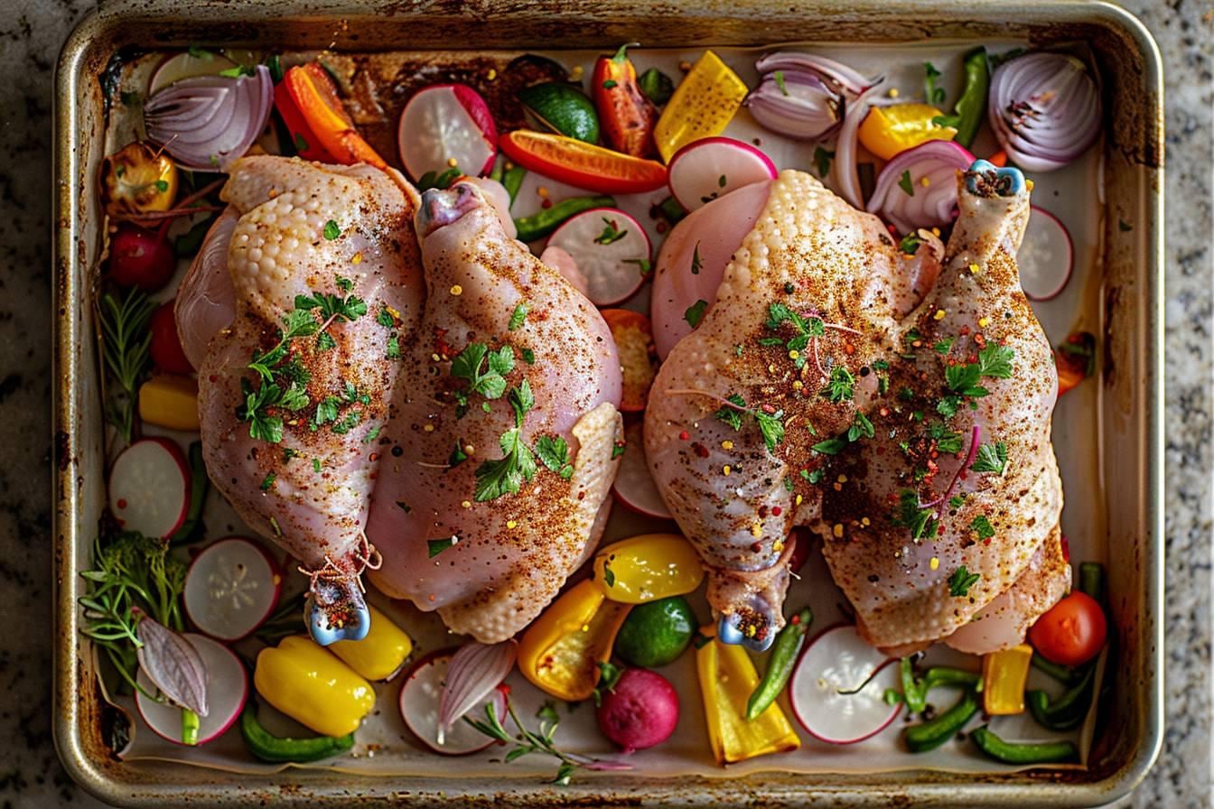 Poulet rôti doré dans un plat allant au four, entouré d’herbes et de légumes