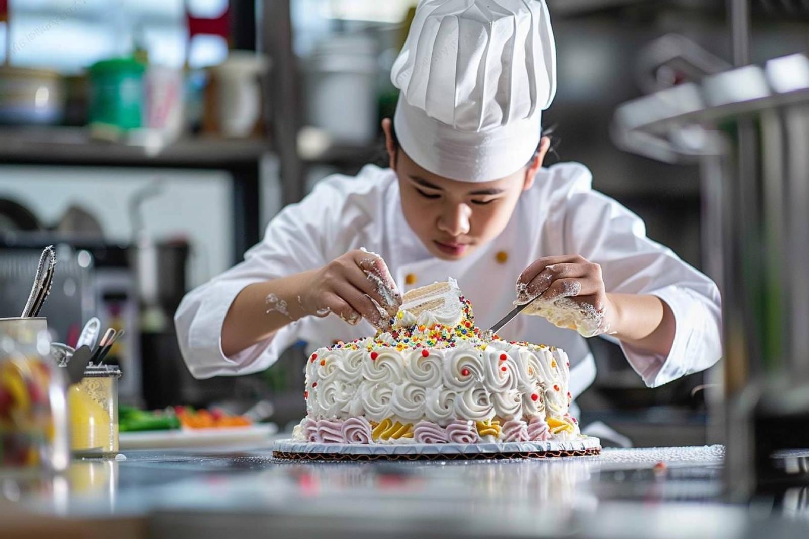 Pâtissier en formation dressant des petits gâteaux sur une plaque dans un laboratoire professionnel