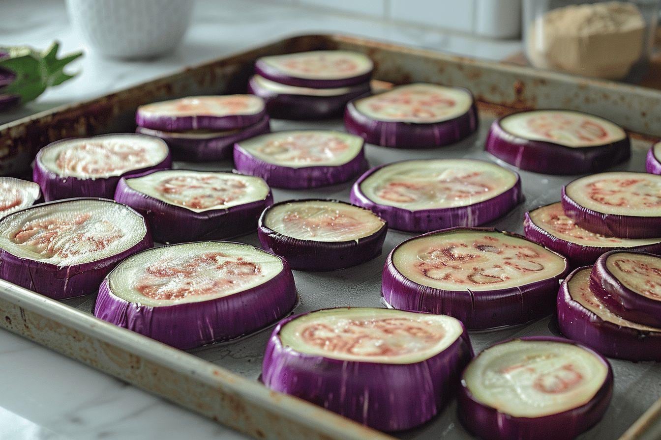 Aubergines fraîches coupées en dés sur une plaque prêtes à être congelées
