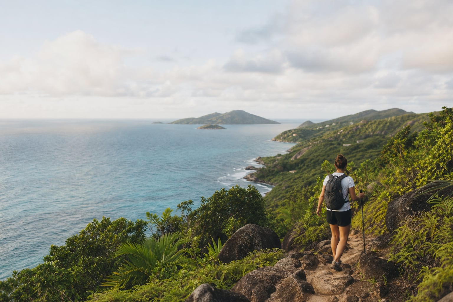 Randonneur sur un sentier granitique surplombant une baie tropicale aux Seychelles