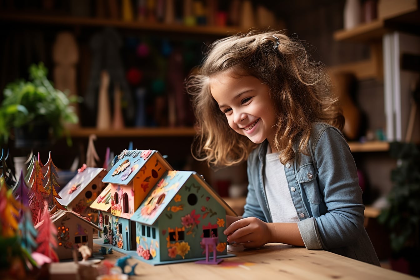 Enfants réalisant des créations colorées avec du papier, du carton, des feutres et de la colle sur une table protégée