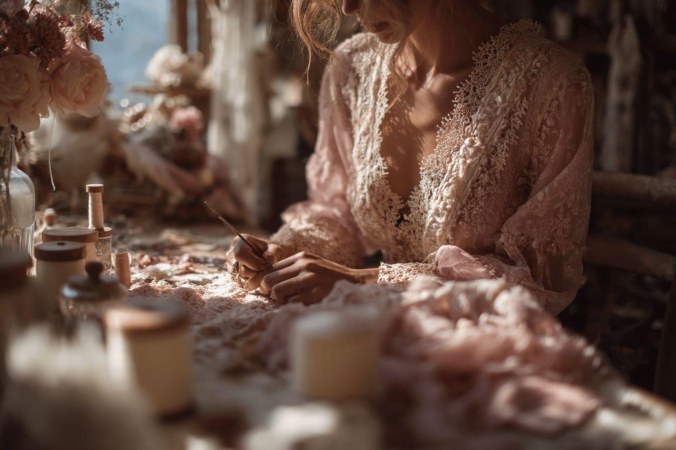 Atelier de couture avec dentelle fine, élastiques, patron de bralette et machine à coudre préparés pour créer une collection de lingerie maison
