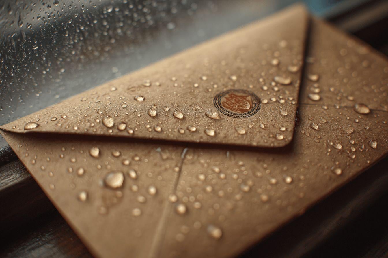 Enveloppes cartonnées et pochette de protection posées sur une table pour préparer un envoi à l’abri de l’humidité