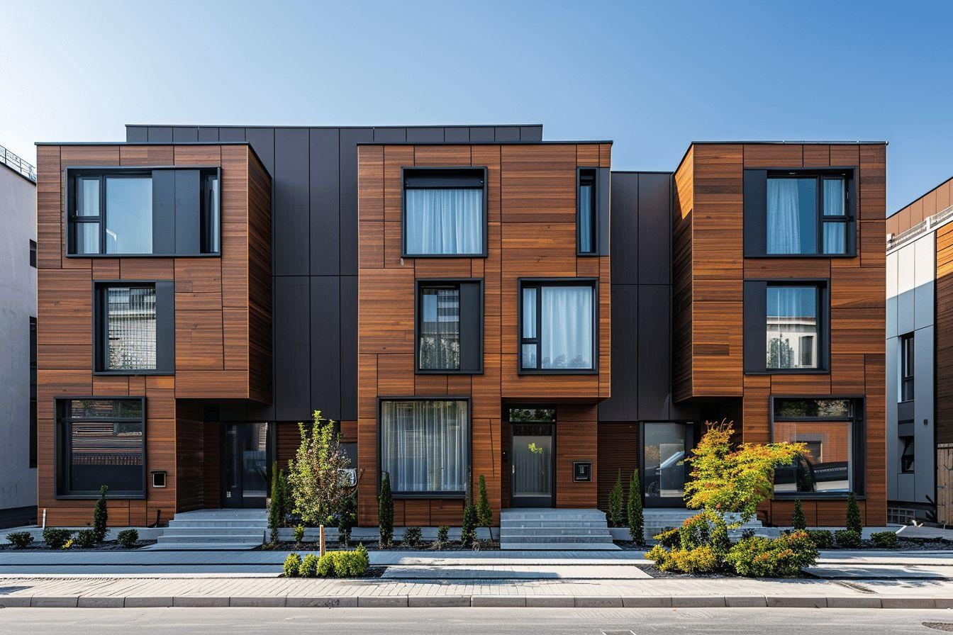 Façade contemporaine revêtue de lames de bardage composite alignées, exposée au soleil