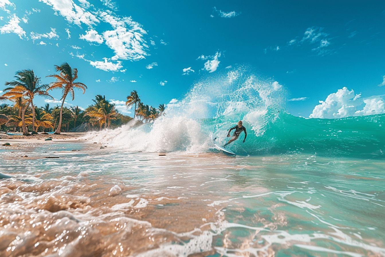 Surfeur glissant sur une vague de l’Atlantique devant une plage volcanique de Tenerife