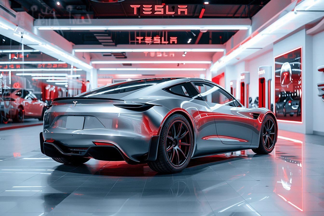 Tesla Roadster rouge futuriste stationnée de nuit dans un décor urbain éclairé