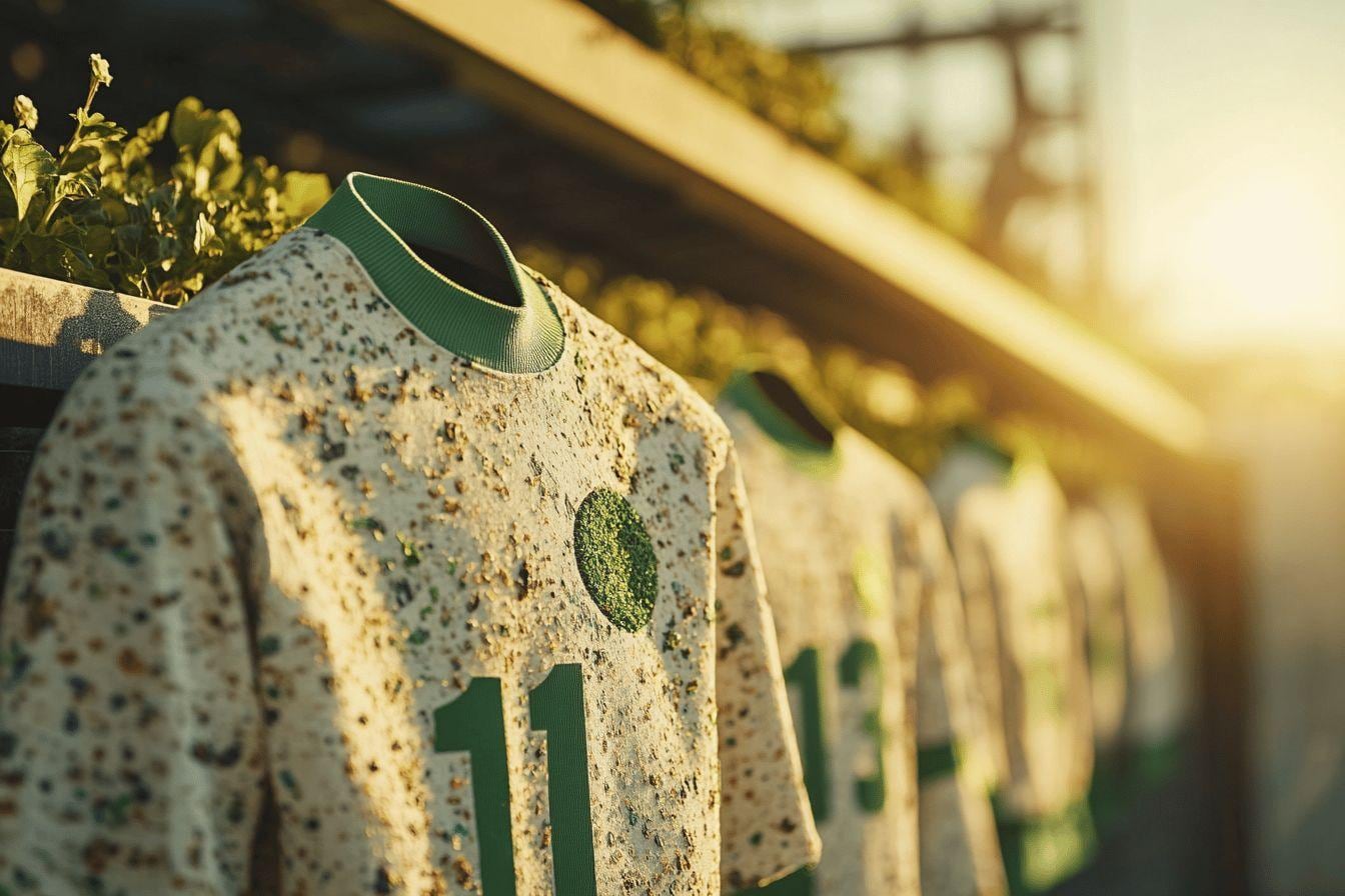 Collection de maillots de football colorés suspendus, incluant des modèles conçus en matières recyclées