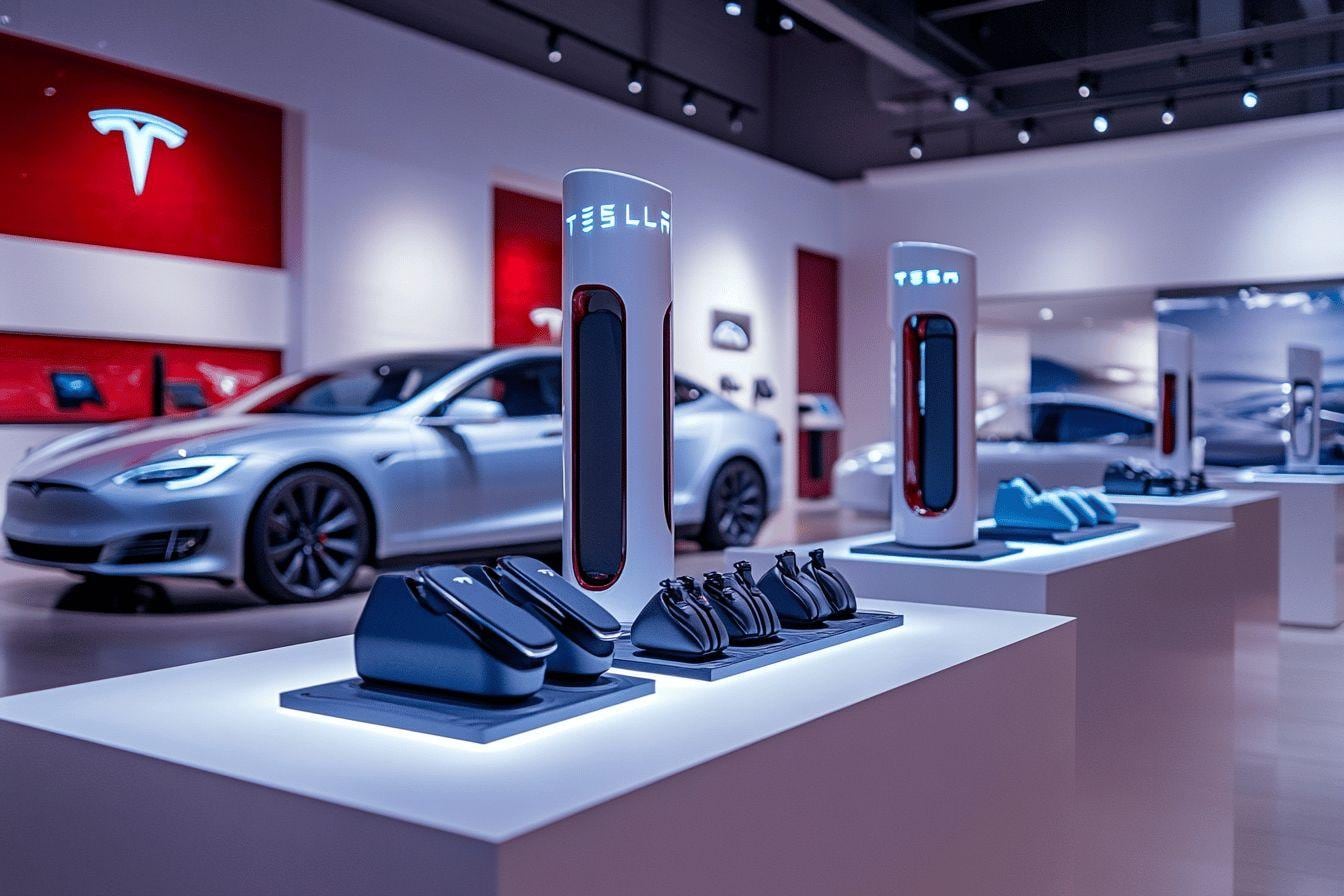 Habitacle moderne d’une Tesla équipé de tapis de protection, d’un organiseur de console et d’accessoires de recharge