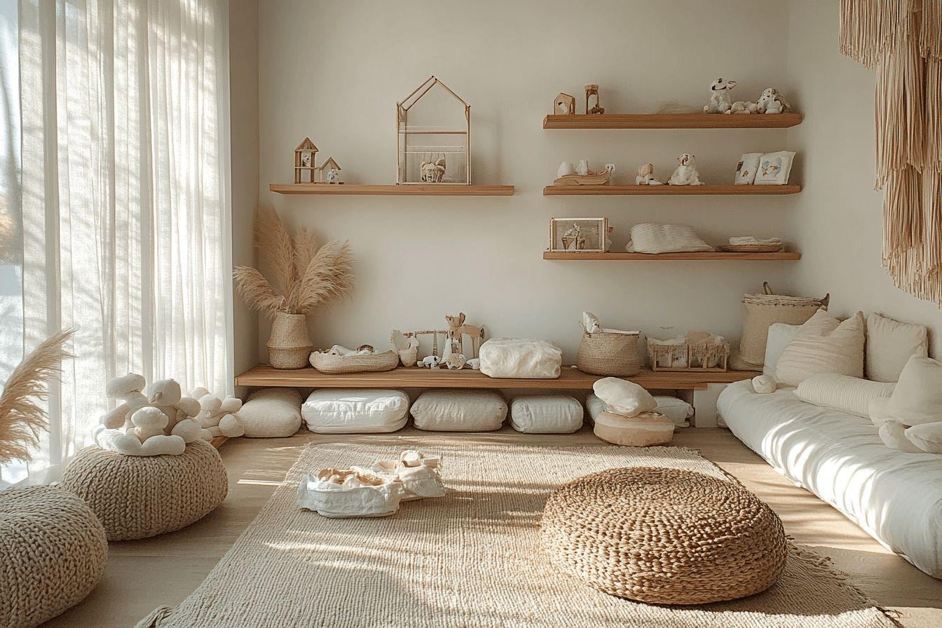 Chambre de bébé lumineuse et épurée avec tapis au sol, étagère basse et mobilier en bois clair