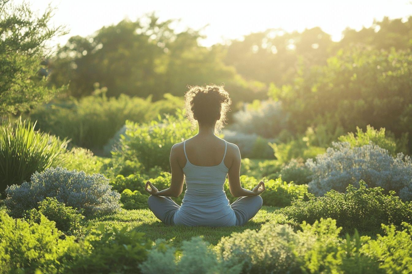 Personne assise en méditation face à un paysage naturel paisible lors d’une retraite de bien-être