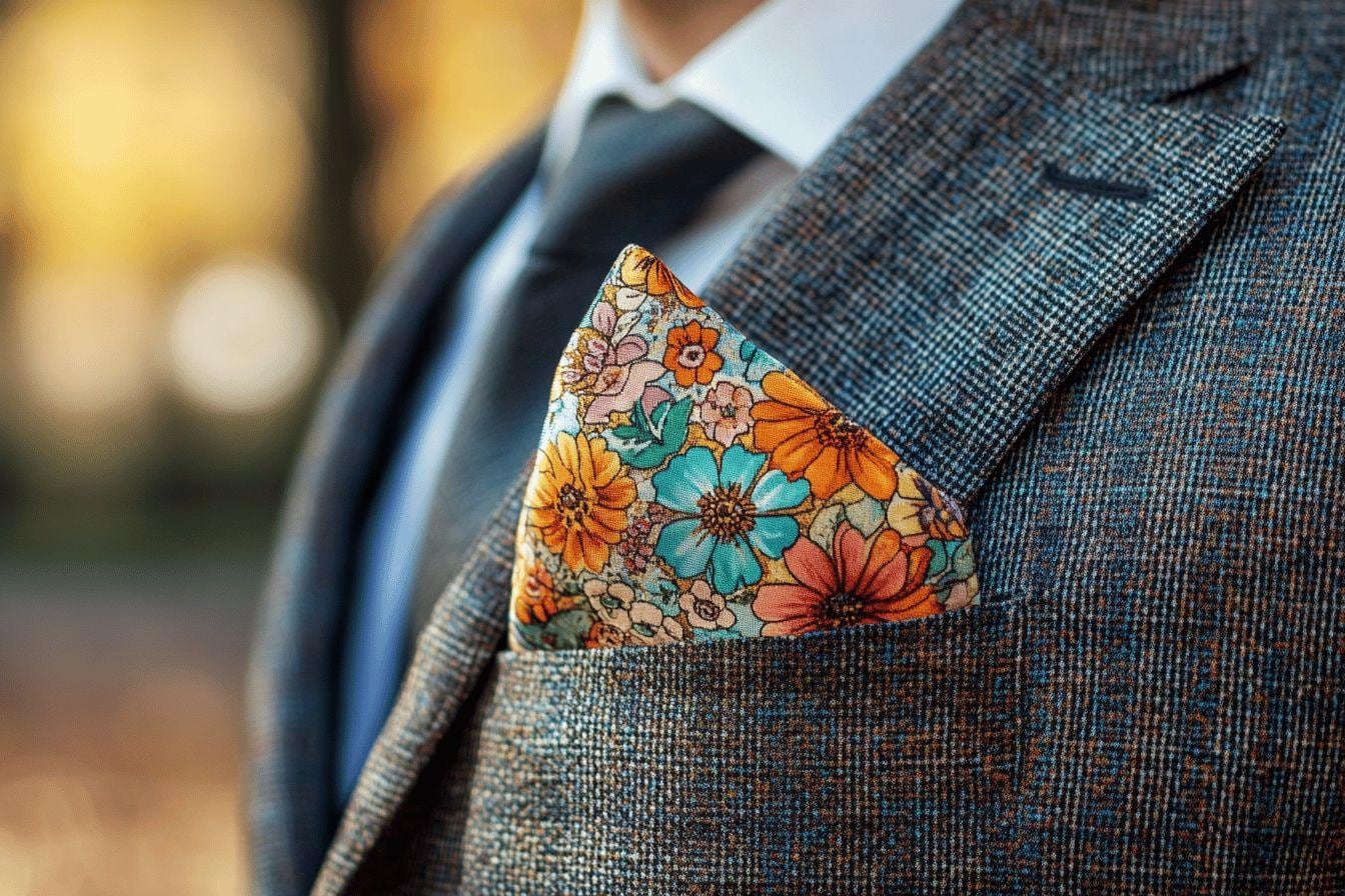 Pochette de costume à motif floral pliée dans la poche poitrine d’un blazer bleu marine