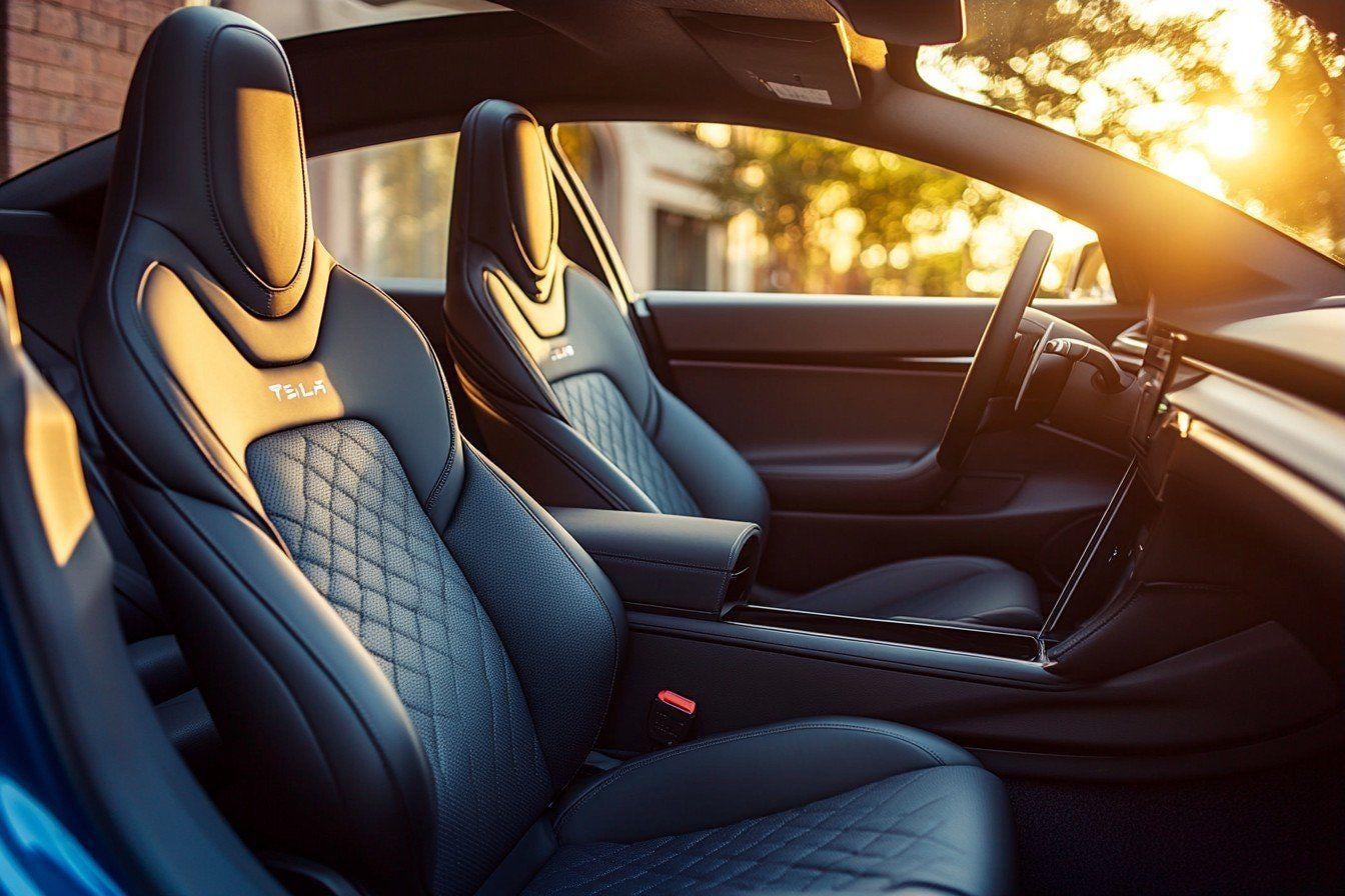 Intérieur d’une Tesla avec sièges sport noirs protégés par des housses ajustées et discrètes