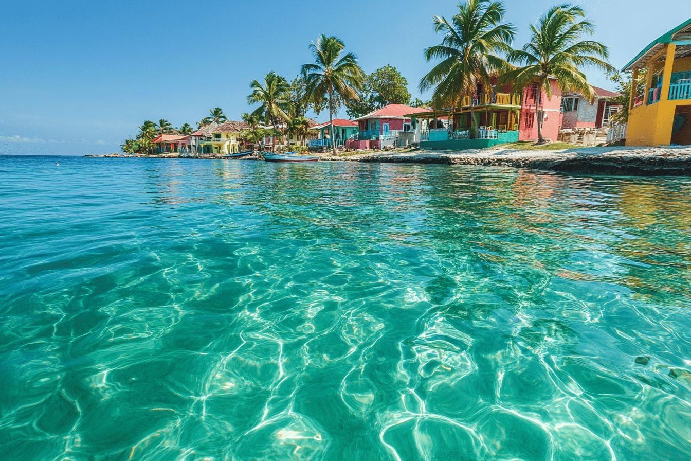 Vue panoramique sur la baie des Saintes, ses eaux turquoise, les collines de Terre-de-Haut et des voiliers au mouillage