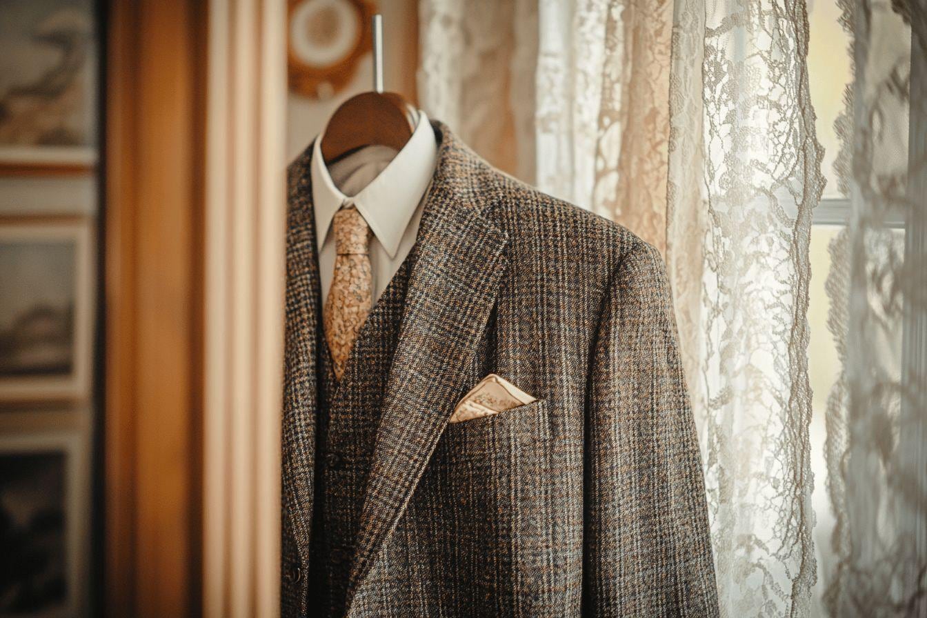 Témoin de mariage portant un costume trois-pièces brun texturé, une cravate rétro et des chaussures en cuir dans un décor de cérémonie élégant