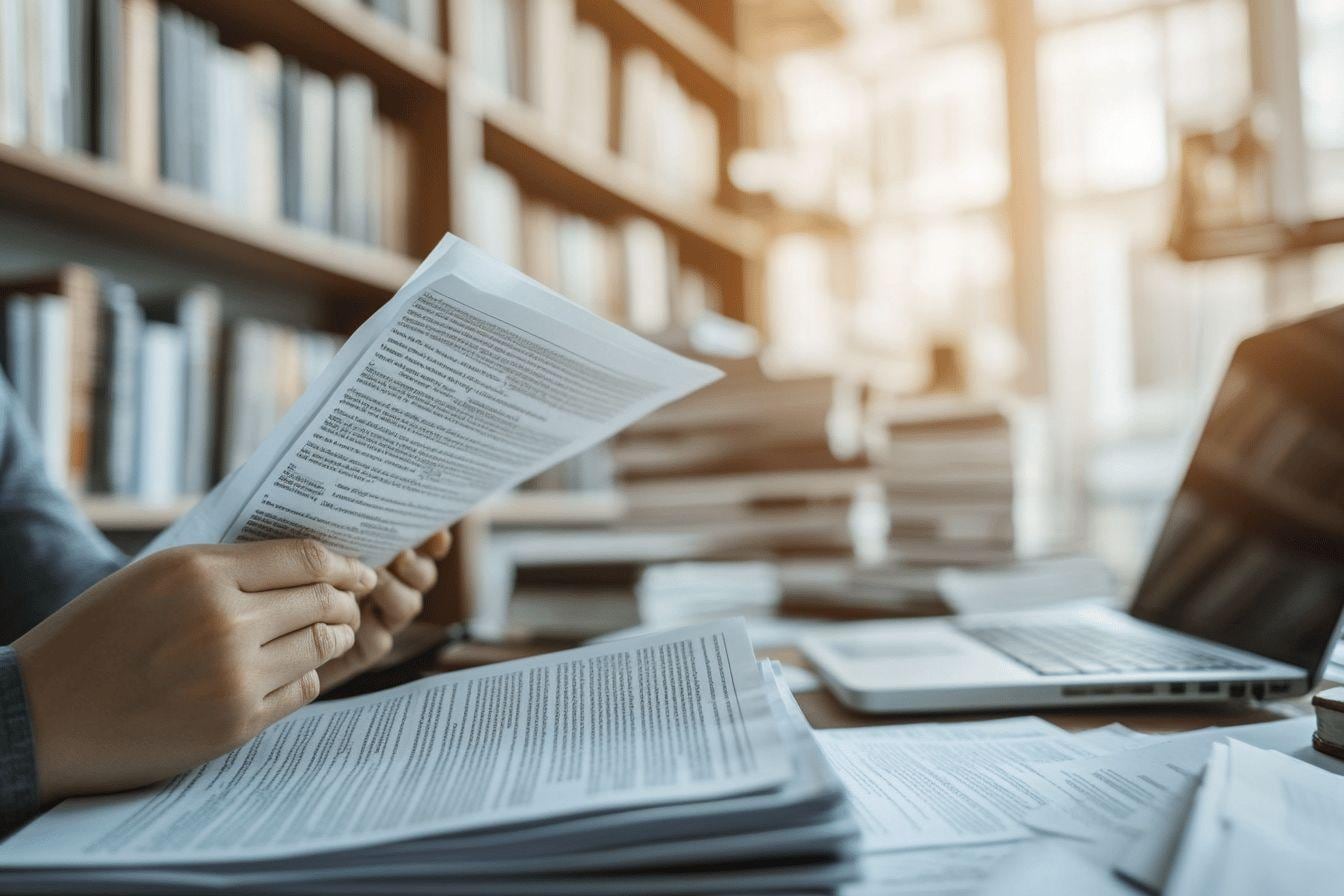 Personne comparant une facture de résiliation, un contrat d’assurance et un téléphone sur une table