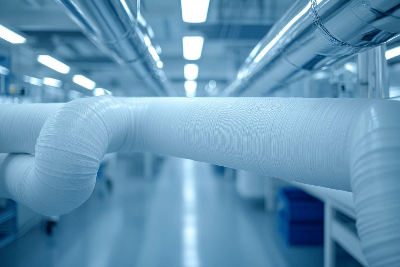 Gaines textiles blanches de diffusion d’air installées au plafond d’un local technique propre