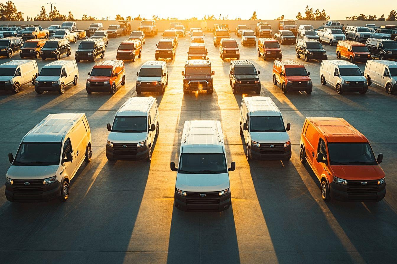 Flotte de fourgons utilitaires et de camions stationnés devant les locaux d’une entreprise