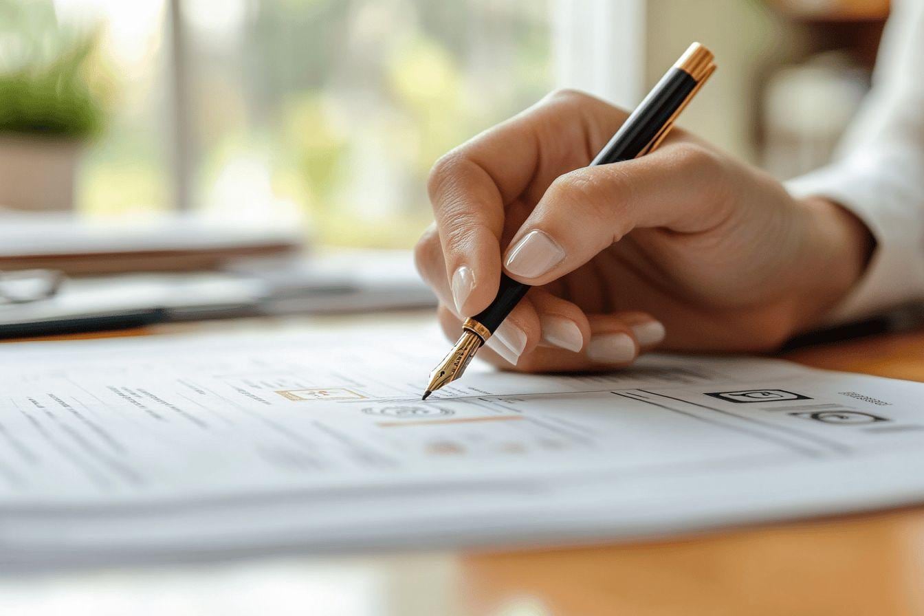 Emprunteur préparant un courrier de substitution d’assurance avec son offre de prêt et des documents bancaires