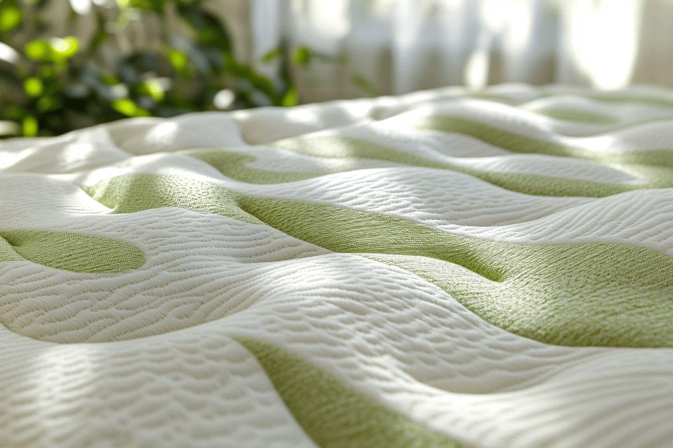 Matelas moderne à housse textile claire en fibres de bambou dans une chambre lumineuse et aérée