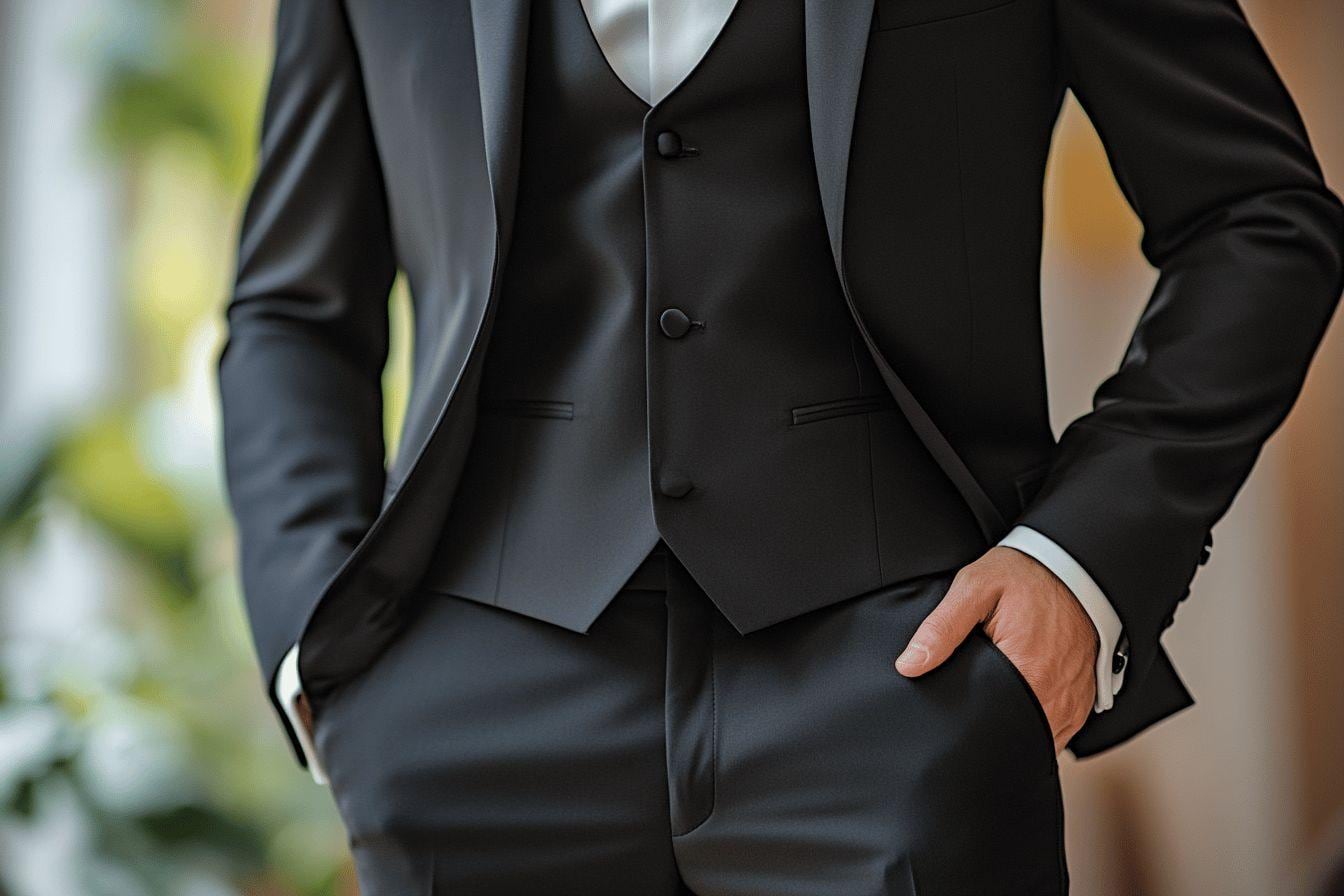 Témoin de mariage portant un costume bleu marine coupe slim, chemise blanche et cravate sobre devant un lieu de réception élégant