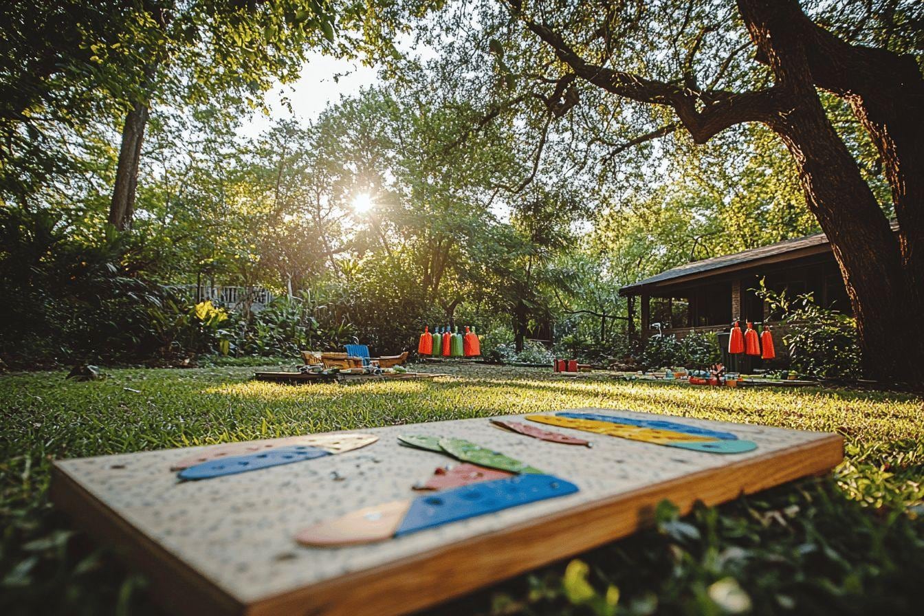 Deux planches de cornhole en bois installées sur une pelouse avec des sacs de lancer colorés autour des trous
