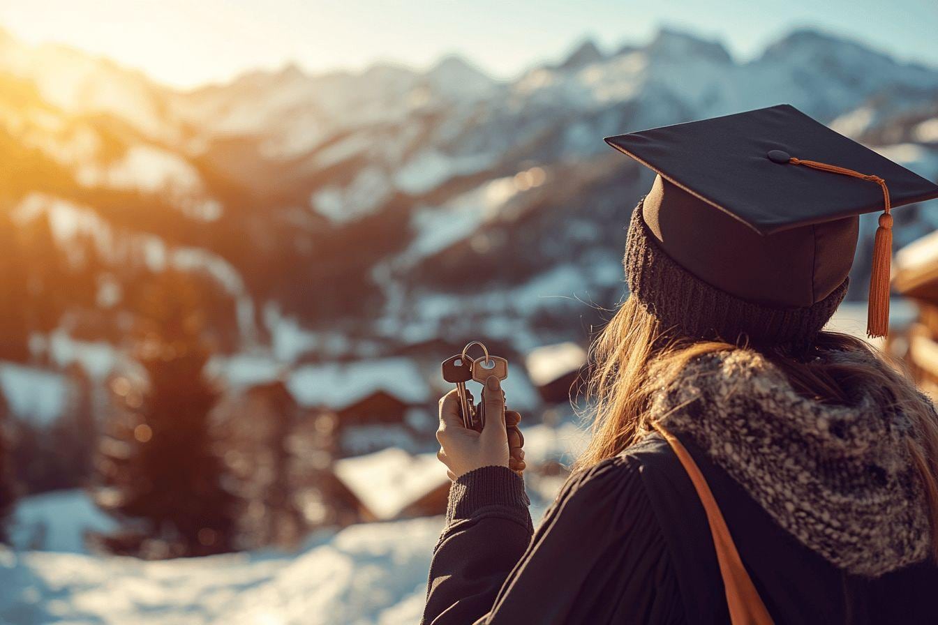Couple de primo-accédants échangeant avec un conseiller financier devant un paysage alpin enneigé