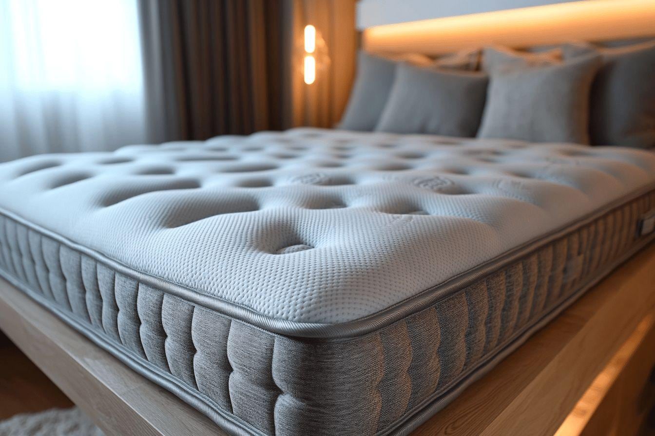 Lit mezzanine en bois dans une petite chambre, avec matelas ajusté au sommier et espace bureau aménagé dessous