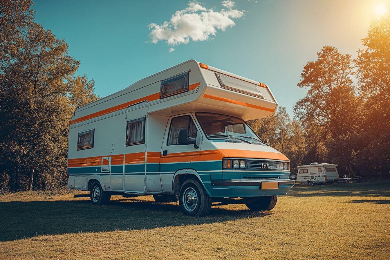 Camping-car stationné près d’un paysage naturel, symbole de protection et d’assurance voyage
